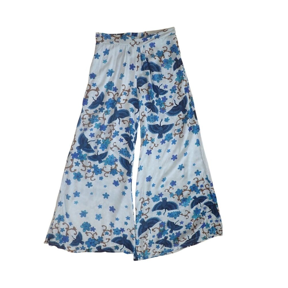 JAASE Australia Blue Birds‎ Floral Palazzo Pants Women XS Boho Hippie Wide Leg